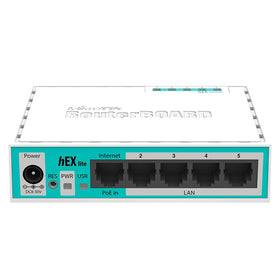 MikroTik close-up of five Ethernet ports emphasizing flexible wired connectivity