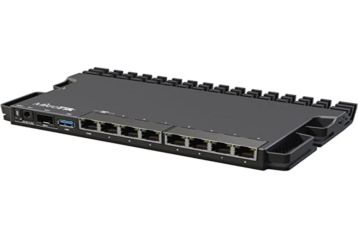 MikroTik RouterBORD 5009UG+S+ close-up of CPU and ports for robust routing