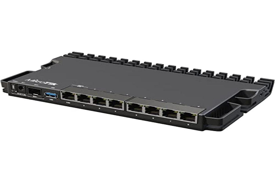 MikroTik RouterBORD 5009UG+S+ close-up of CPU and ports for robust routing