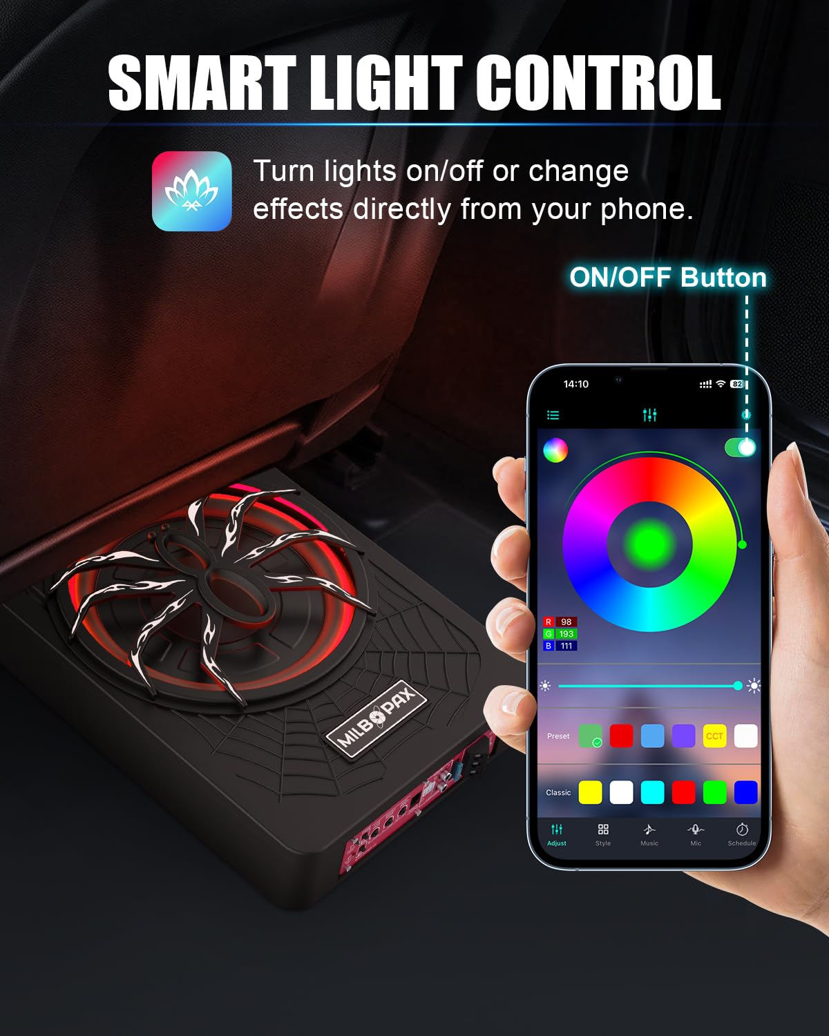 MILBOPAX app-controlled RGB lighting enhances cabin ambience while you play music.