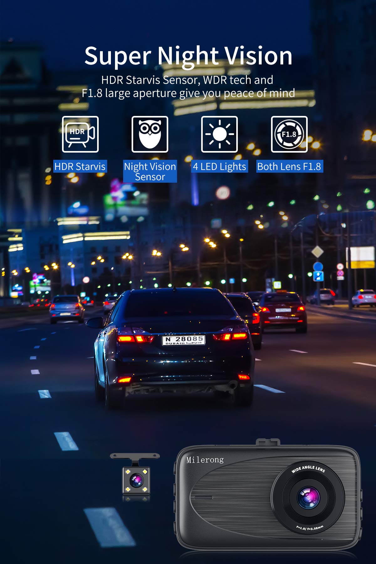 Milerong dashcam with IPS display for real-time playback.