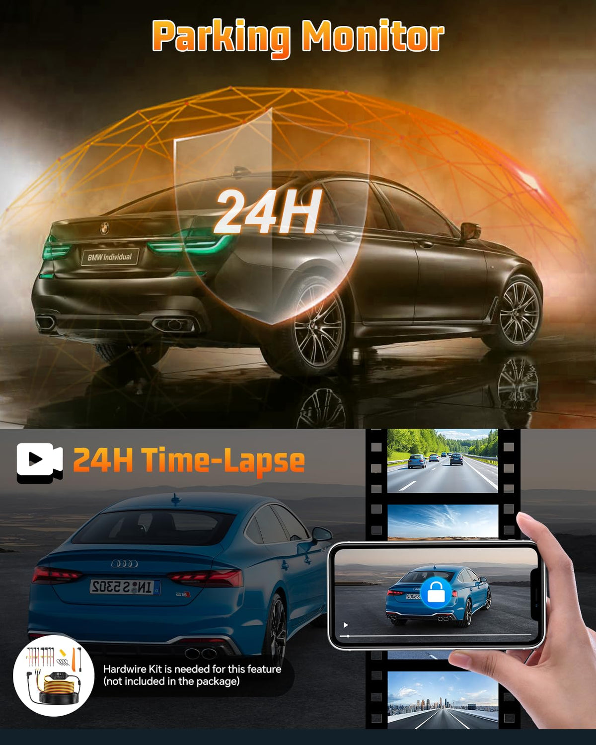 Milerong parking monitor hardware kit shown enabling 24-hour surveillance capability