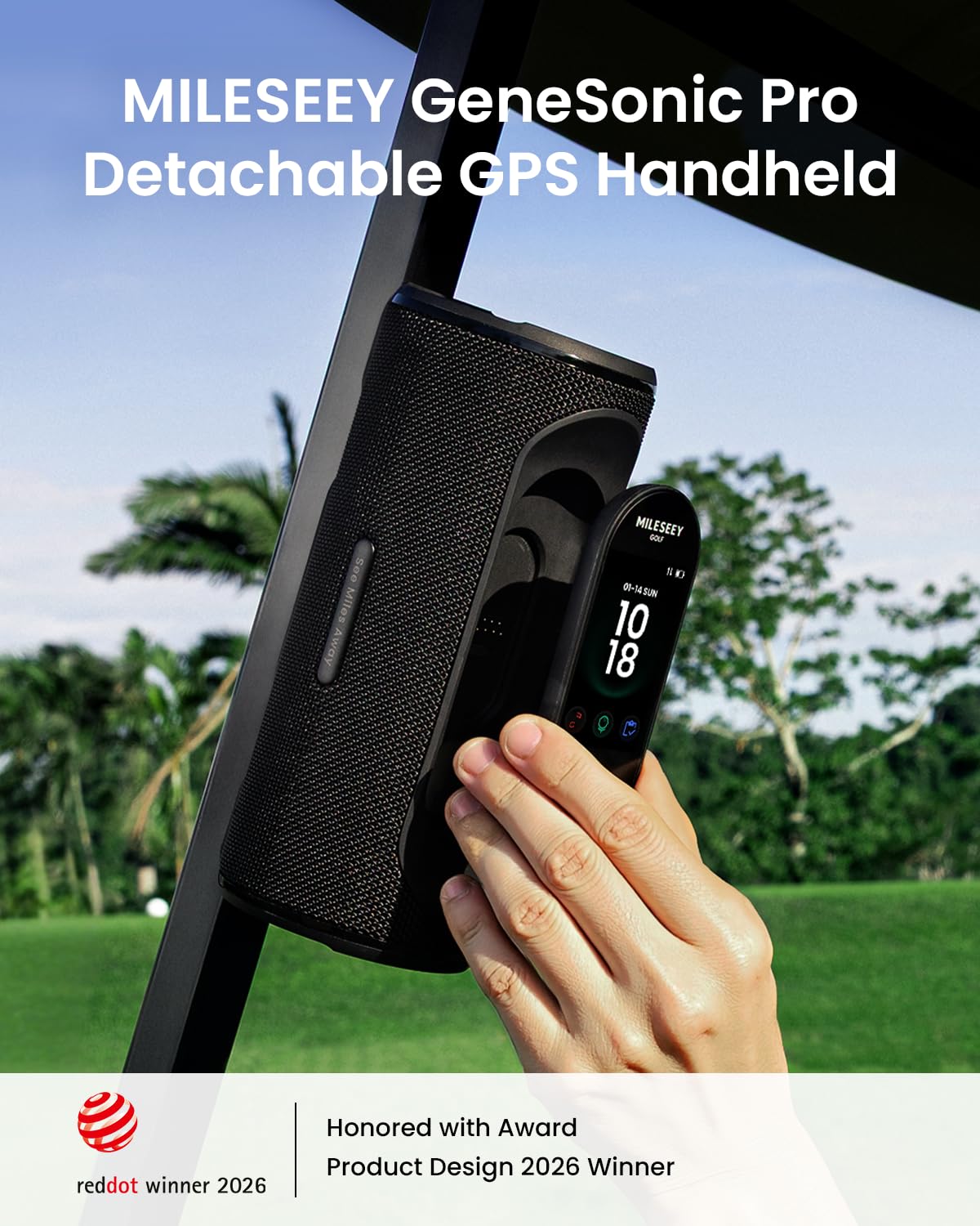 MiLESEEY GeneSonic Pro detachable GPS rangefinder in handheld mode for precise distances.