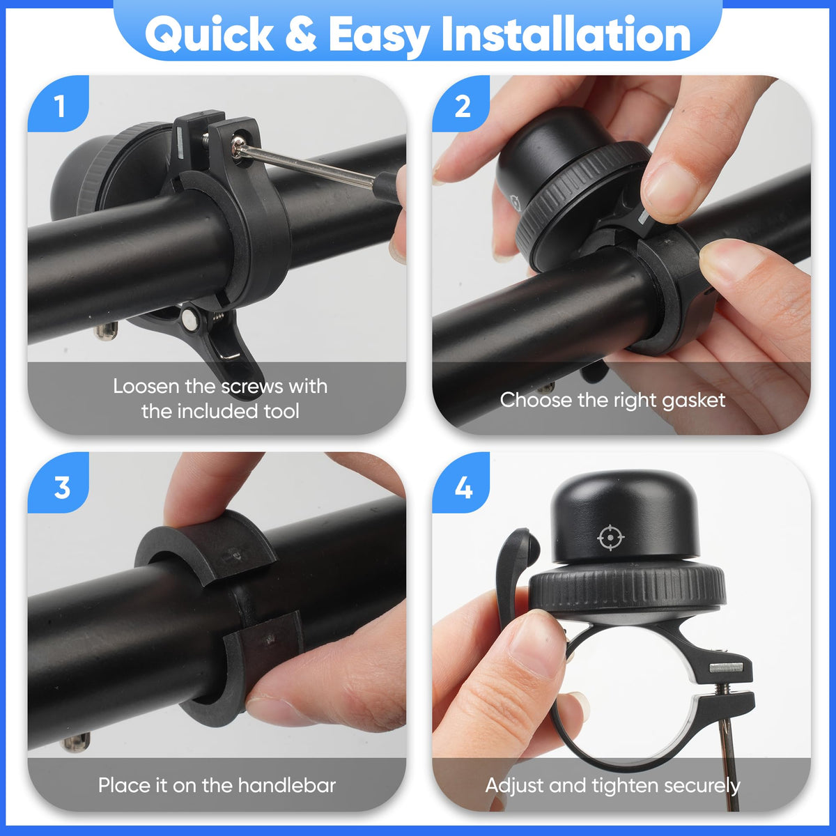 MiLi bike bell quick install on road, mountain, or e-bike.