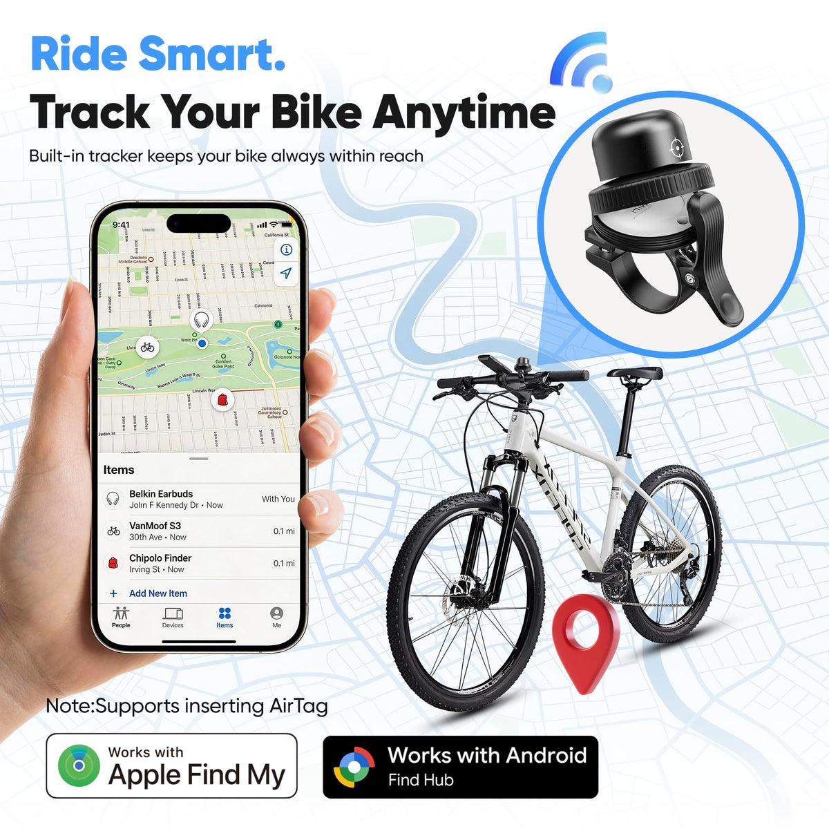 MiLi bike bell Find My integration helps locate your bike quickly.