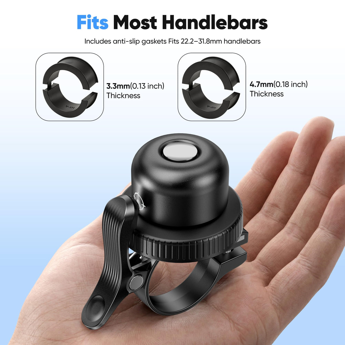MiLi bike bell universal fit for 0.87–1.25 inch handlebars.