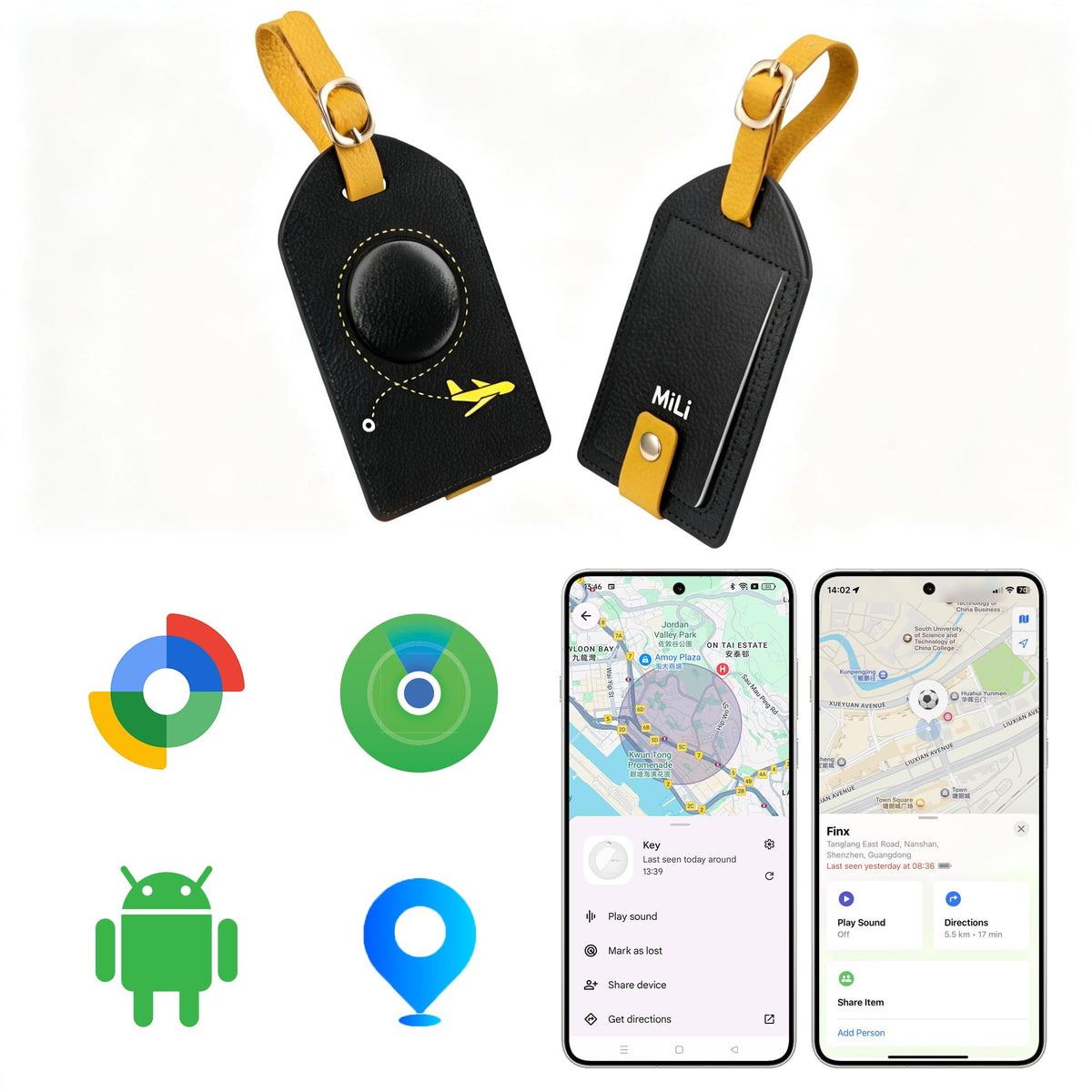 MiLi smart luggage tracker tag on a bag enables quick Bluetooth local finding.