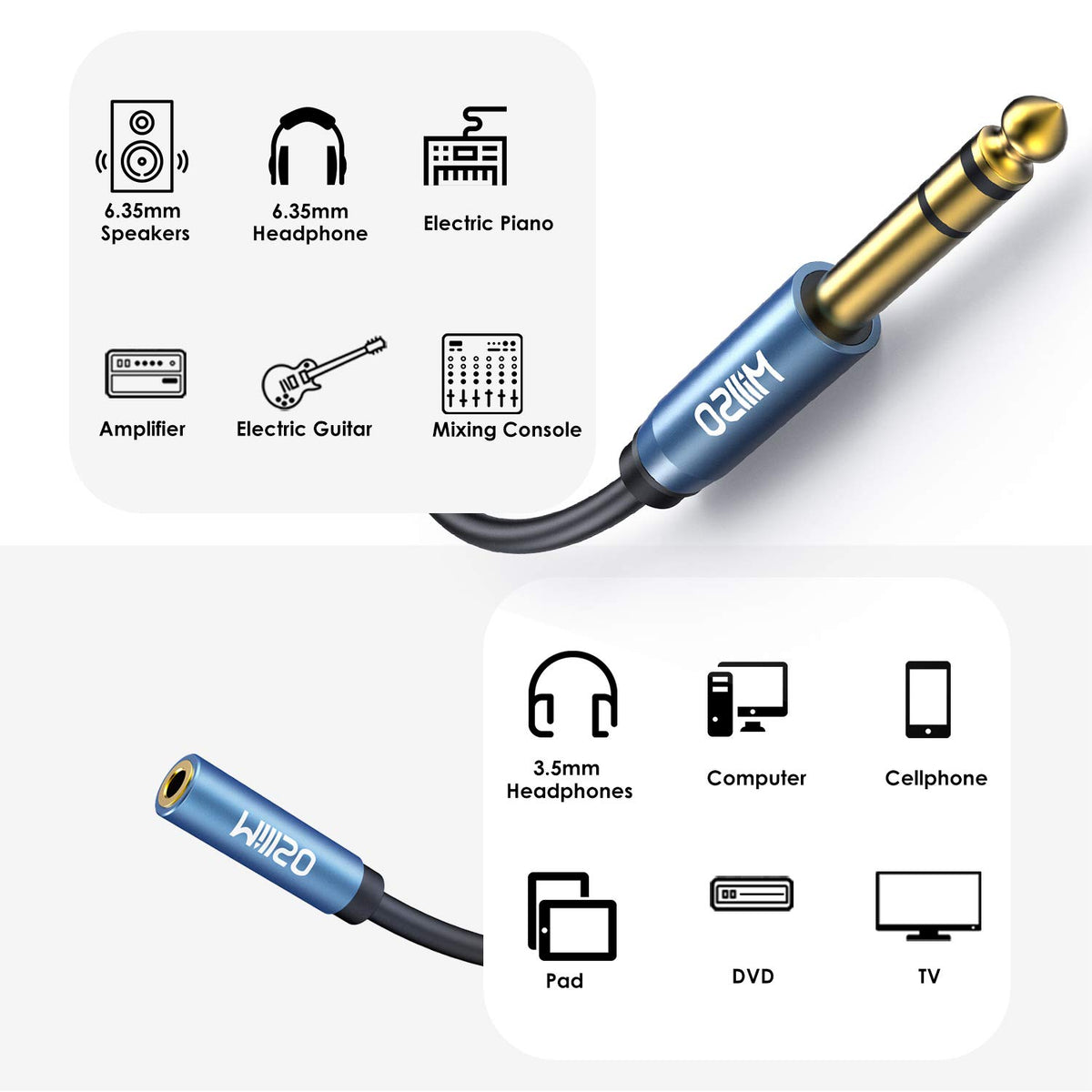 MillSO adapter enabling amps, keyboards, and piano connections.