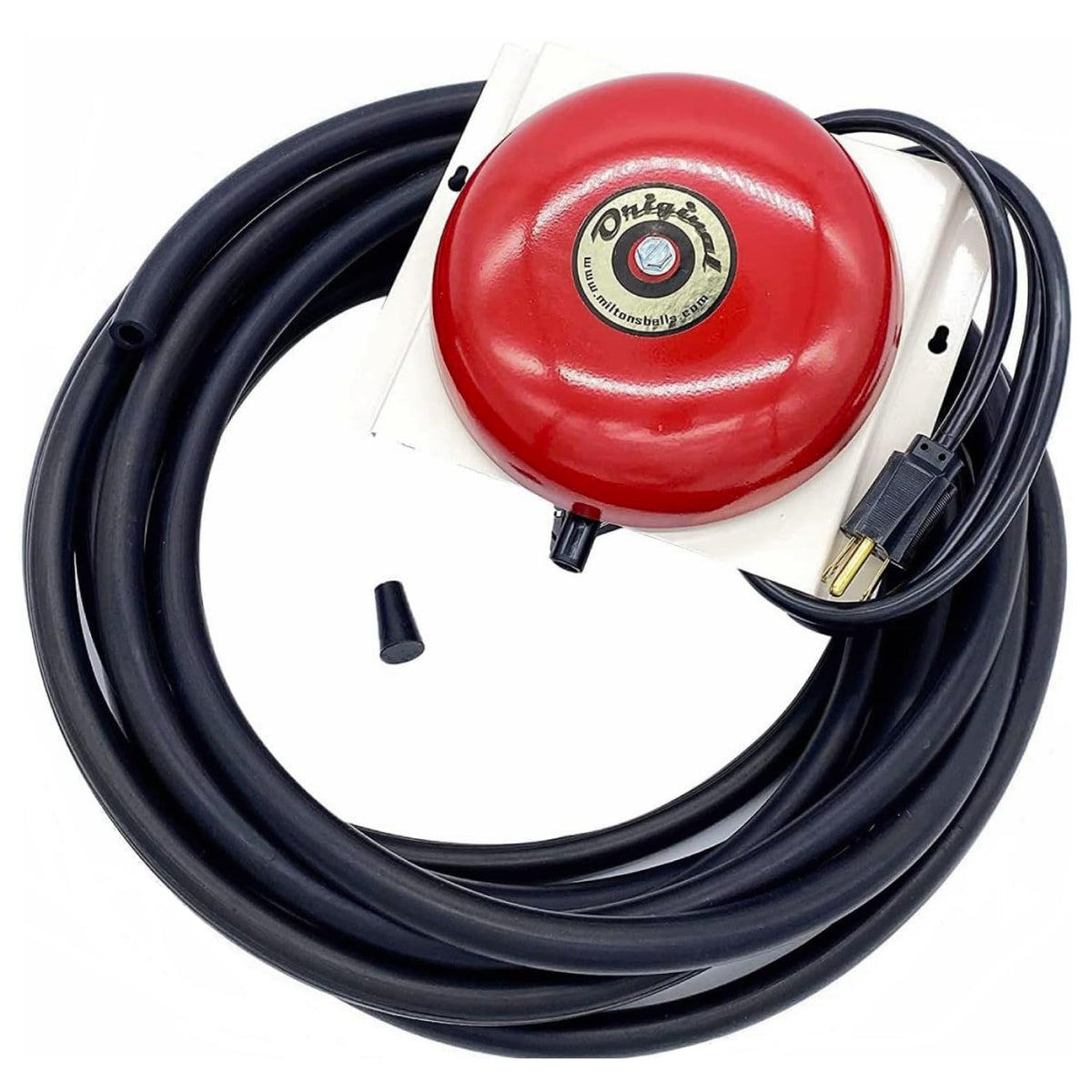 MILTON'S BELLS red front view showing bell unit and plug, clear audible arrival alerts