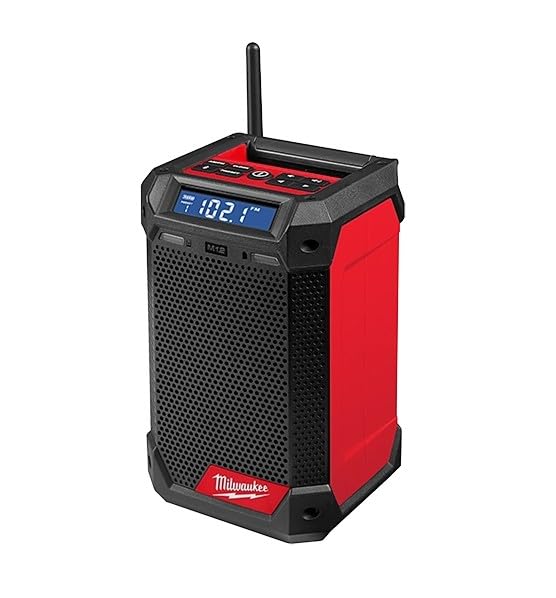 Milwaukee M12 radio and charger, front view, rugged IP54 for job sites.