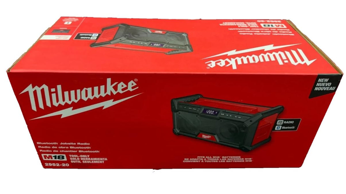 Milwaukee M18 Bluetooth Jobsite Radio front panel showing rugged construction for jobsite use.