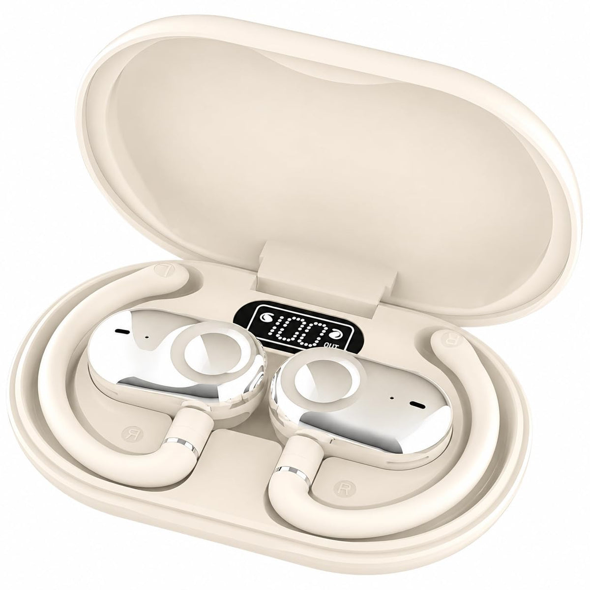 MINDBEAST open-ear buds bi-axial adjustment for a secure, personalized fit during workouts.