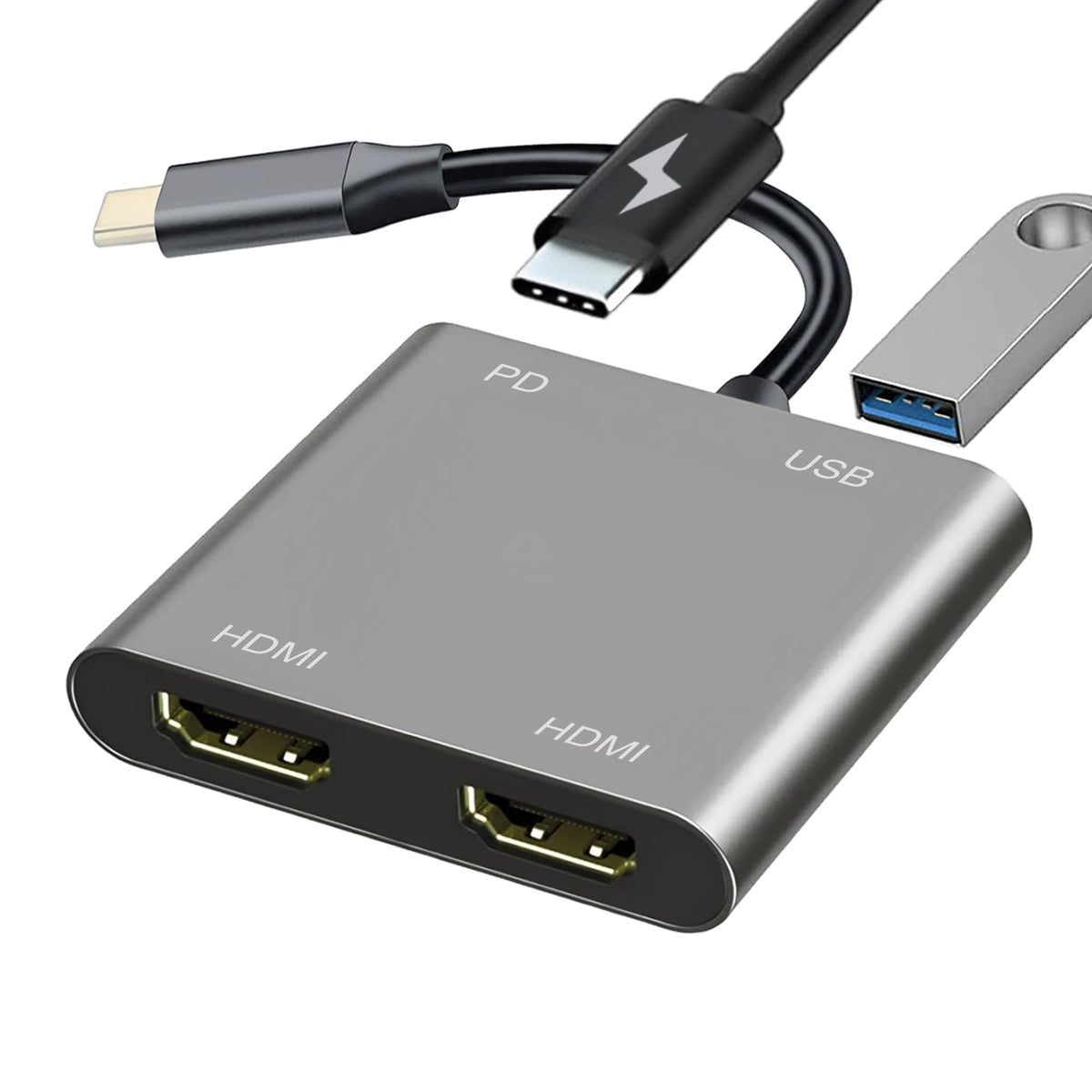 Mindorlen USB-C to Dual HDMI adapter close-up showing compact design for portable setups.