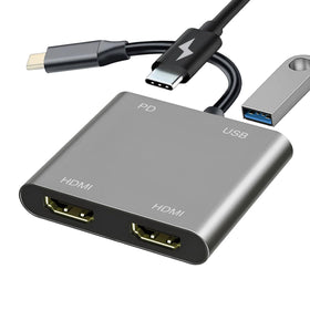 Mindorlen USB-C to Dual HDMI adapter close-up showing compact design for portable setups.