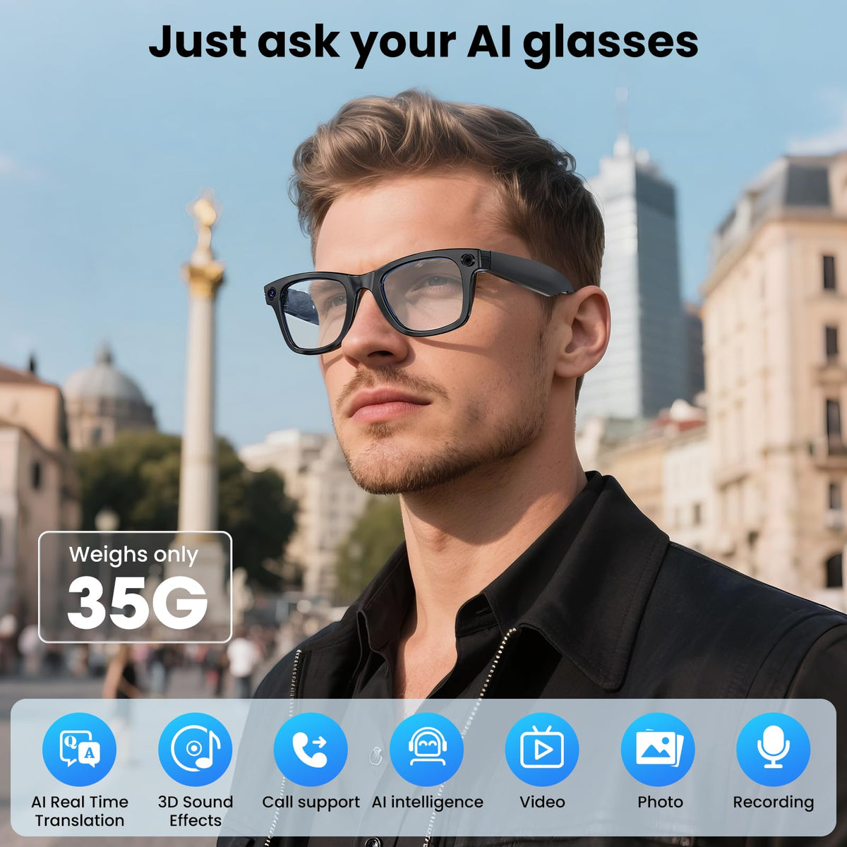 Mingtawn AI Smart Glasses camera close-up highlighting the 2K/1080P capture capability