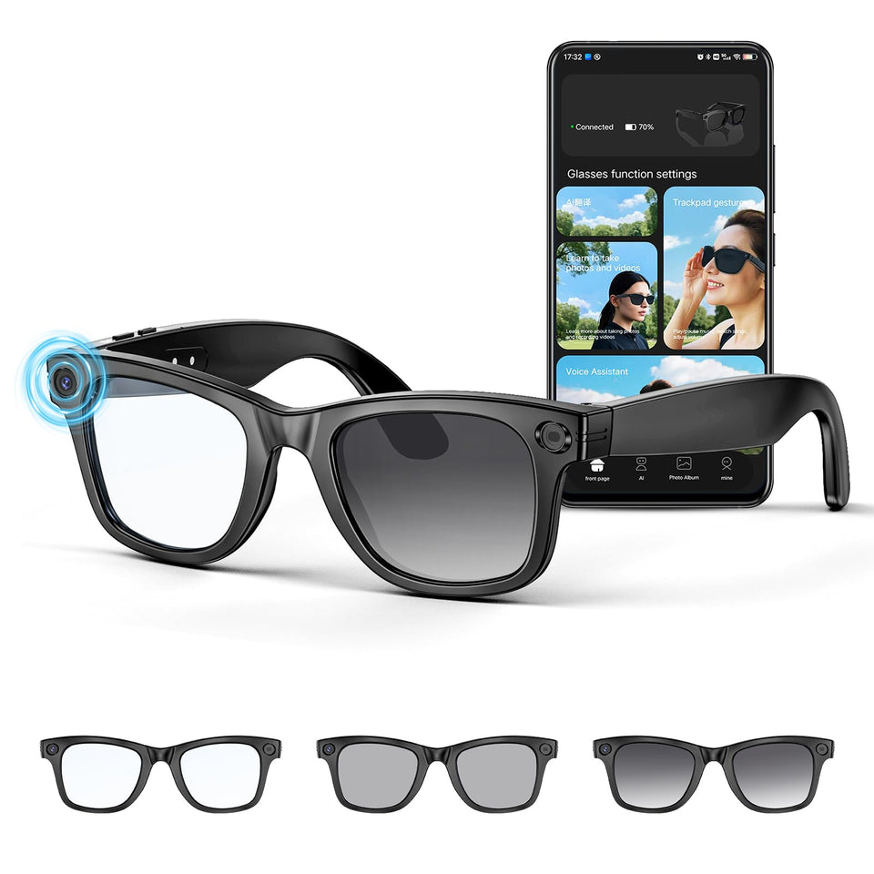 Mingtawn AI Smart Glasses front view in black, lightweight all‑day wear for comfort