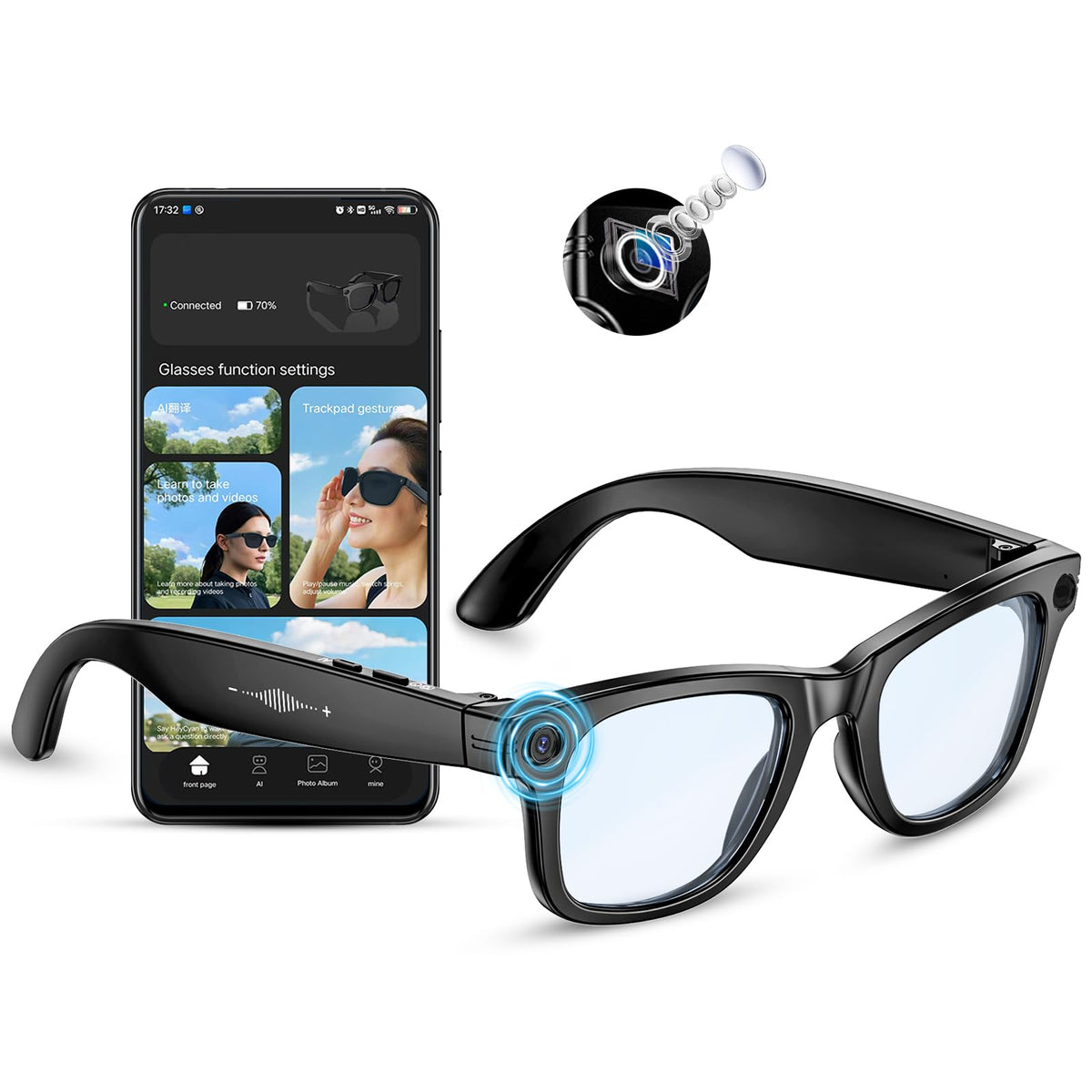 Mingtawn front view showing frame and camera, clear capture benefit