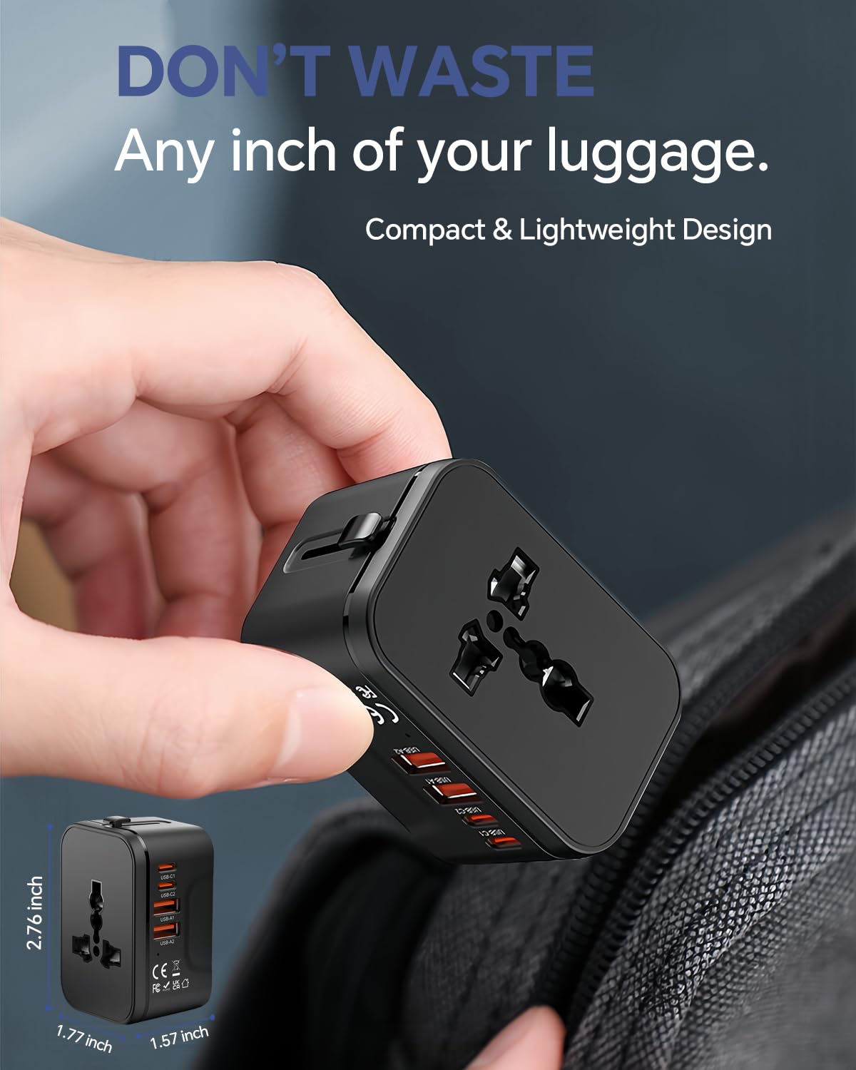 MINGTONG adapter in bag during trip, ready for worldwide sockets.