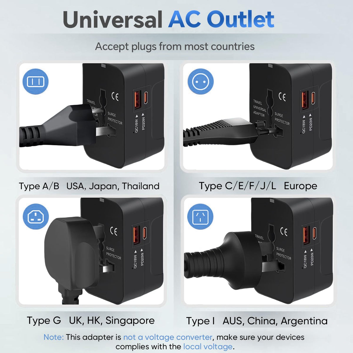 MINGTONG black travel adapter in use shows convenient wall charging.