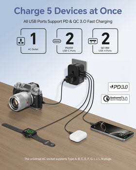 MINGTONG universal travel adapter side profile, compact form with accessible USB ports for on-the-go charging.