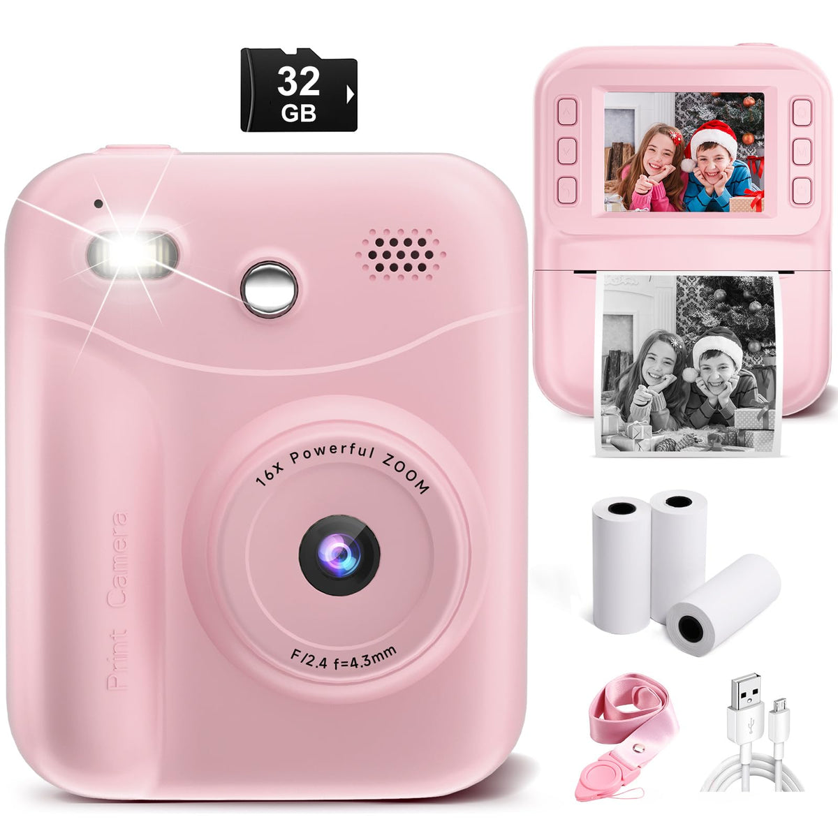 MINIBEAR Kids Camera front view, compact pink design for budding photographers on adventures.