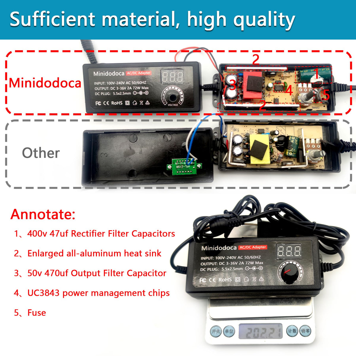 Minidodoca adjustable knob enables exact voltage setting for devices.