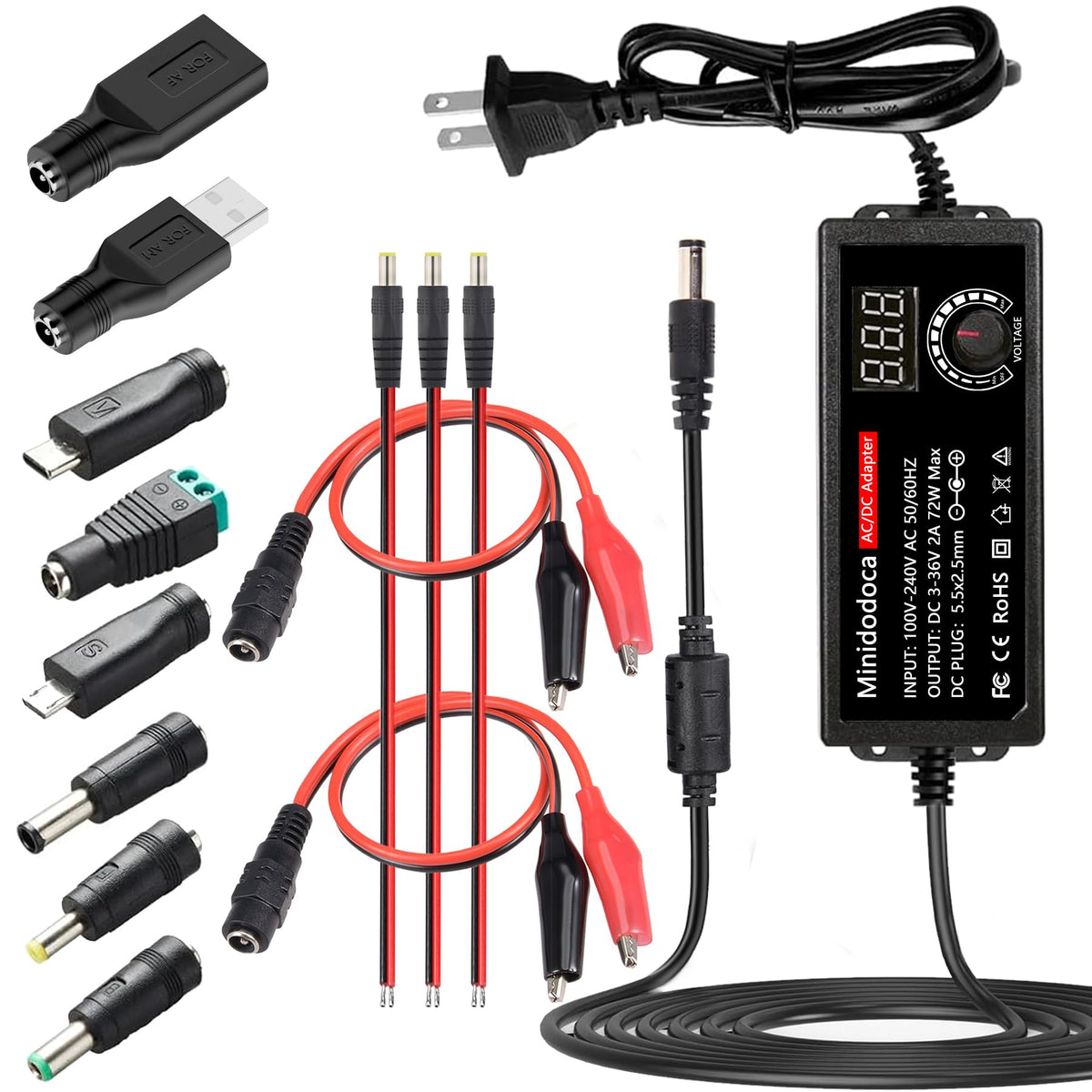 Minidodoca 72W power supply with front LED display for precise voltage monitoring.