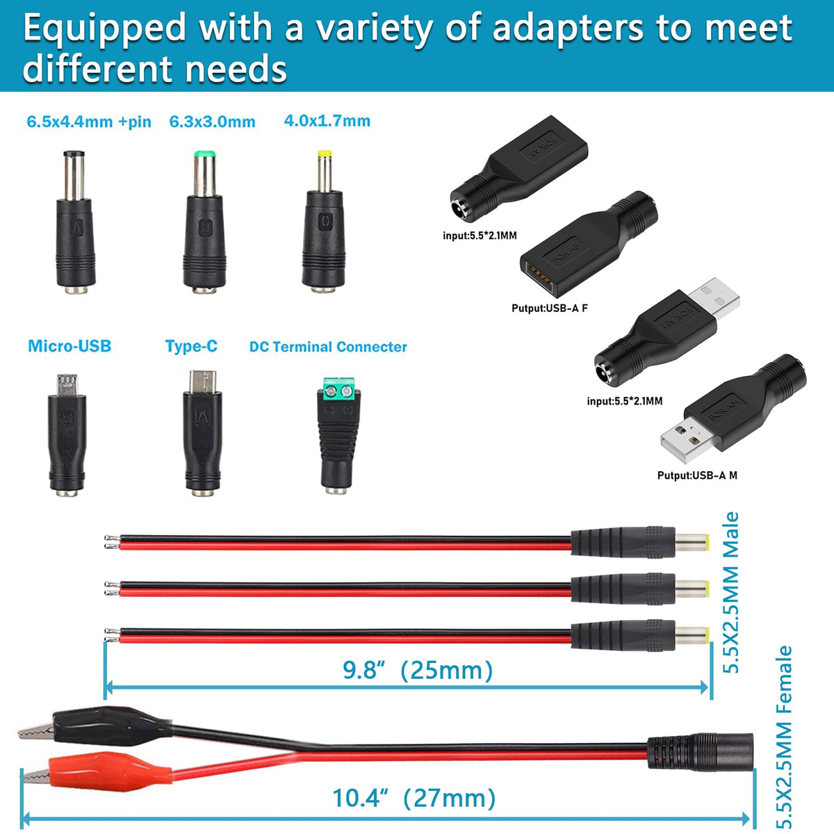 Minidodoca power supply with multiple DC connectors for broad compatibility.