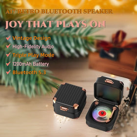 MiniLuxis retro Bluetooth speaker side view, portable and easy to place anywhere