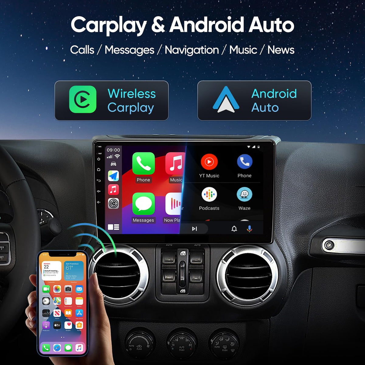 MININAVI 10.2-inch radio in Jeep Compass dashboard integrates Android Auto for easy app access while driving