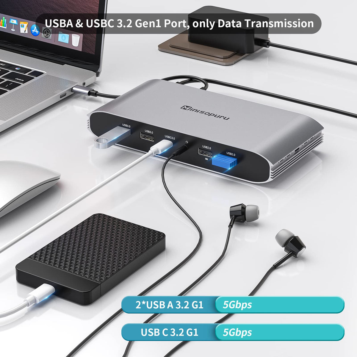 Minisopuru dock illustrates three-monitor compatibility and USB pass-through.