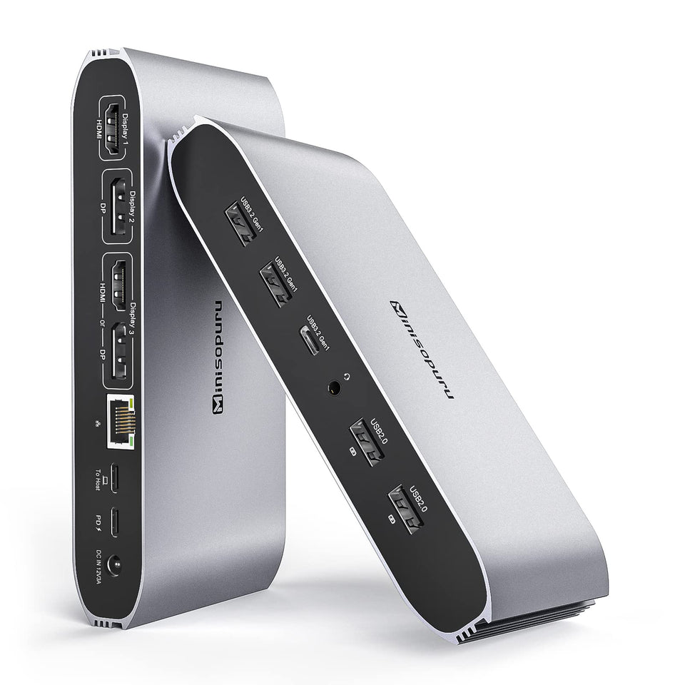Minisopuru DisplayLink triple dock front view highlights multi-port versatility for productivity.