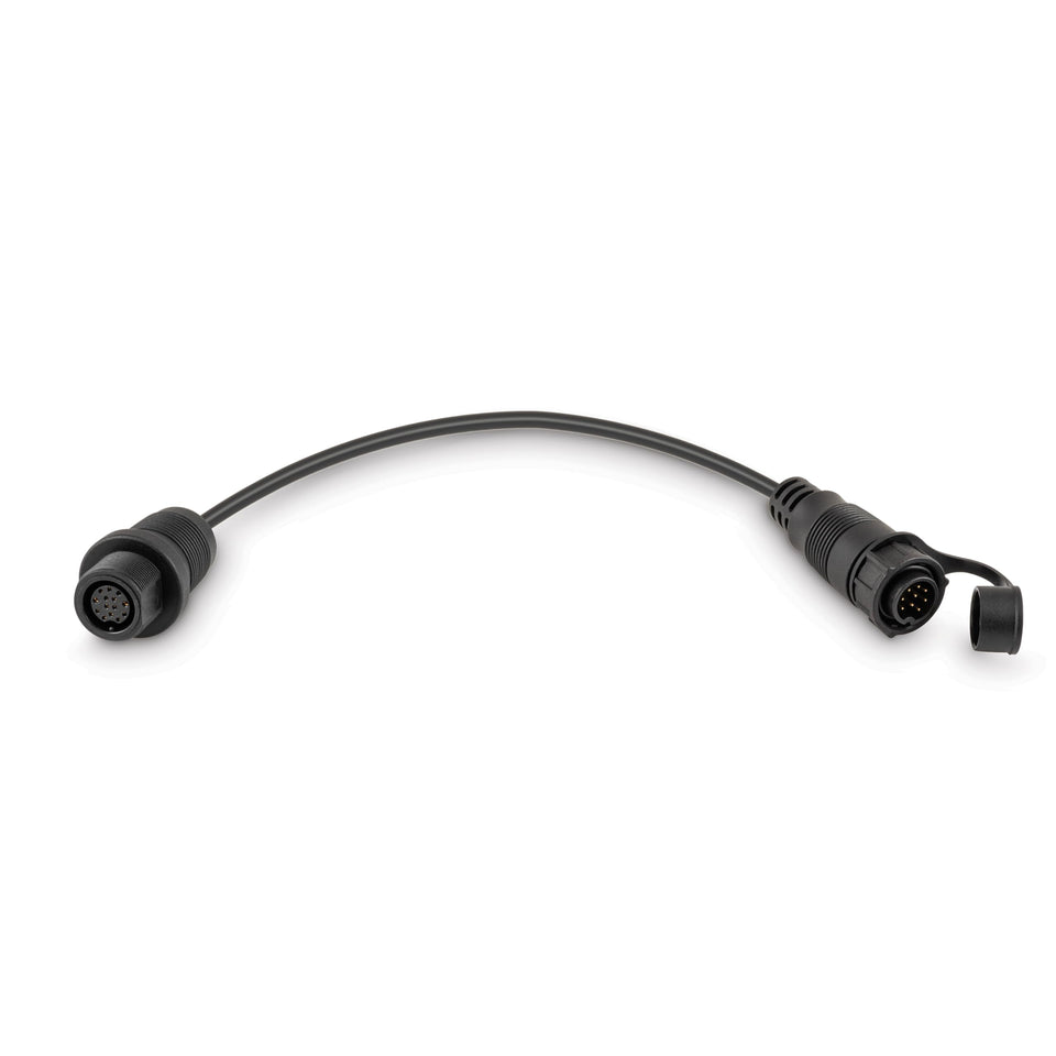 Minn Kota adapter front connector showing metal tips and waterproof seal for reliable sonar