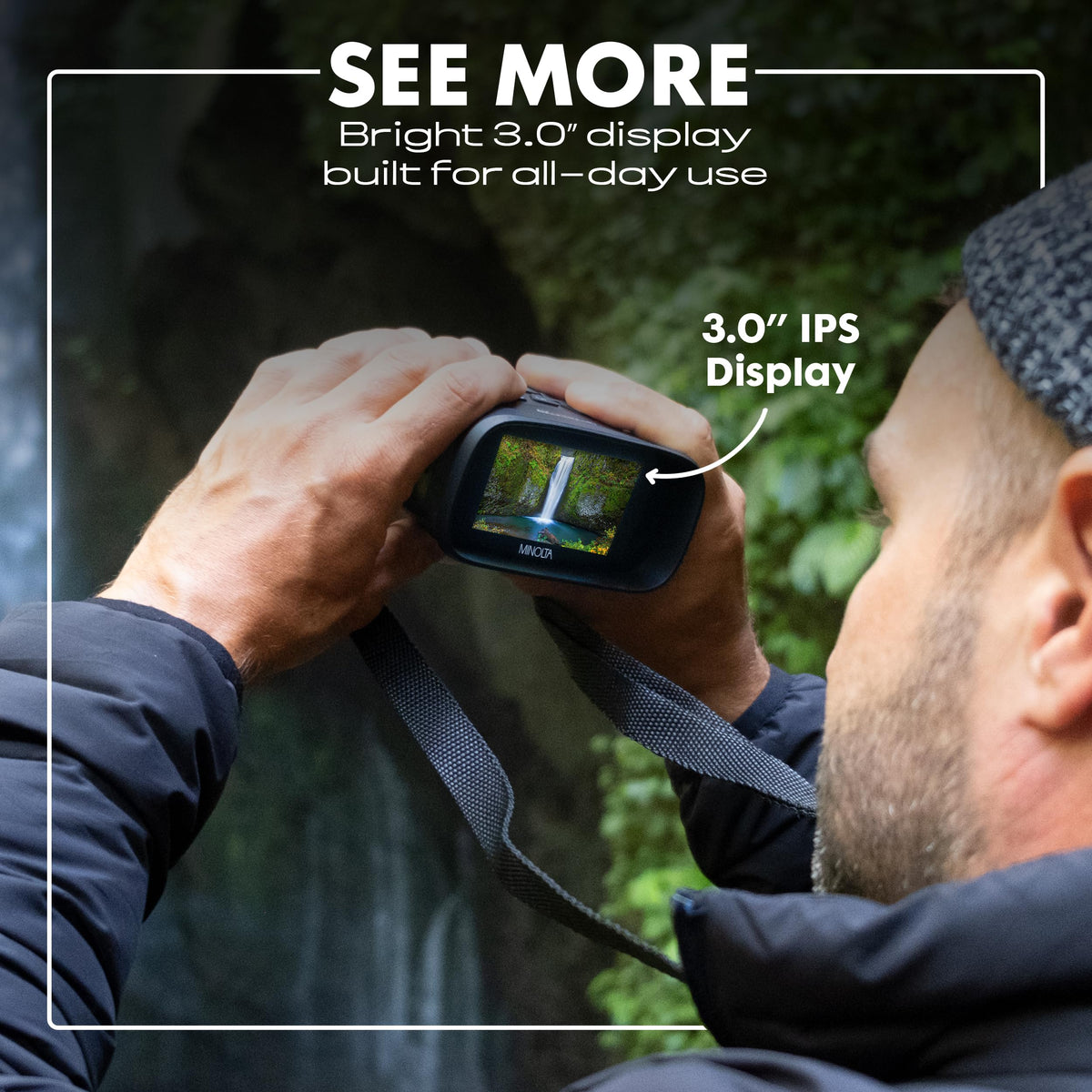 Minolta handheld gray monocular showing easy grip for dusk adventures.
