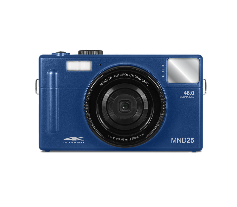 Minolta 48MP camera with front selfie mirror for crisp selfies and video blogs