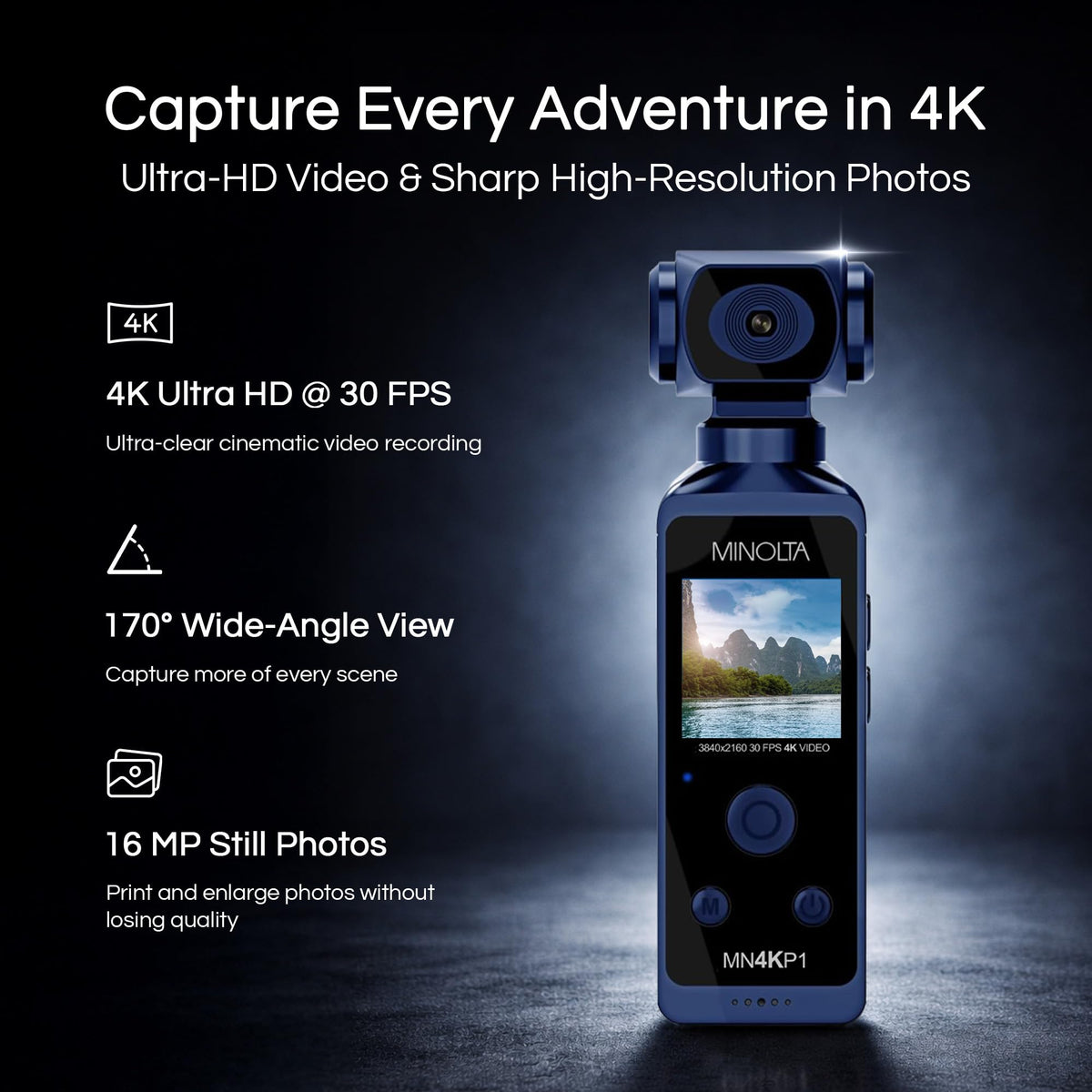 Minolta 4K pocket camcorder demonstrates crisp 4K video details.