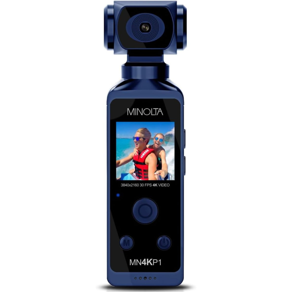 Minolta 4K pocket camcorder front view for immersive action capture.