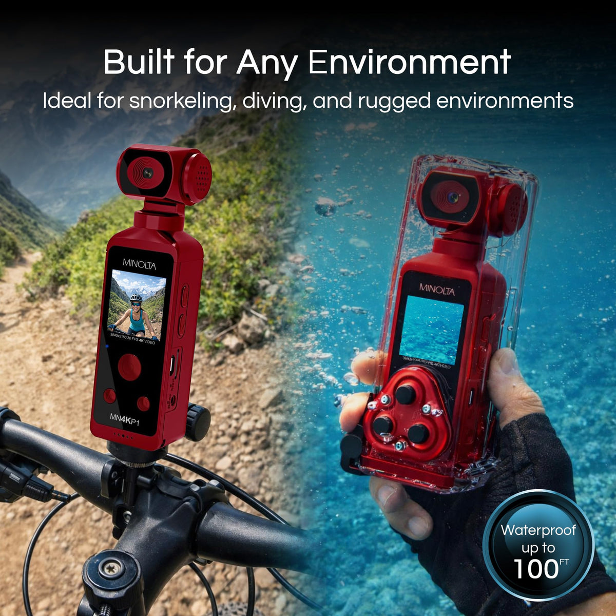 Minolta 4K Pocket Camcorder waterproof case 100ft for underwater filming