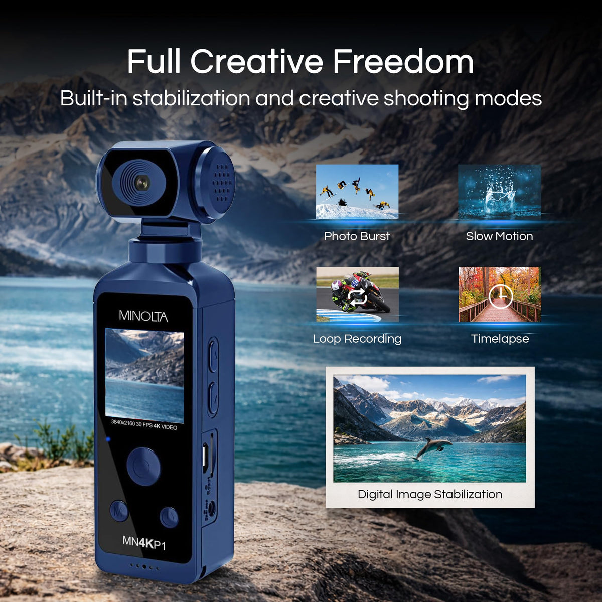 Minolta 4K pocket camcorder wide-angle 170° for wider scenes.