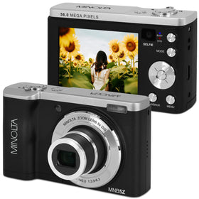 Minolta 56MP dual-lens camera front view emphasizes crisp detail for travel photography.