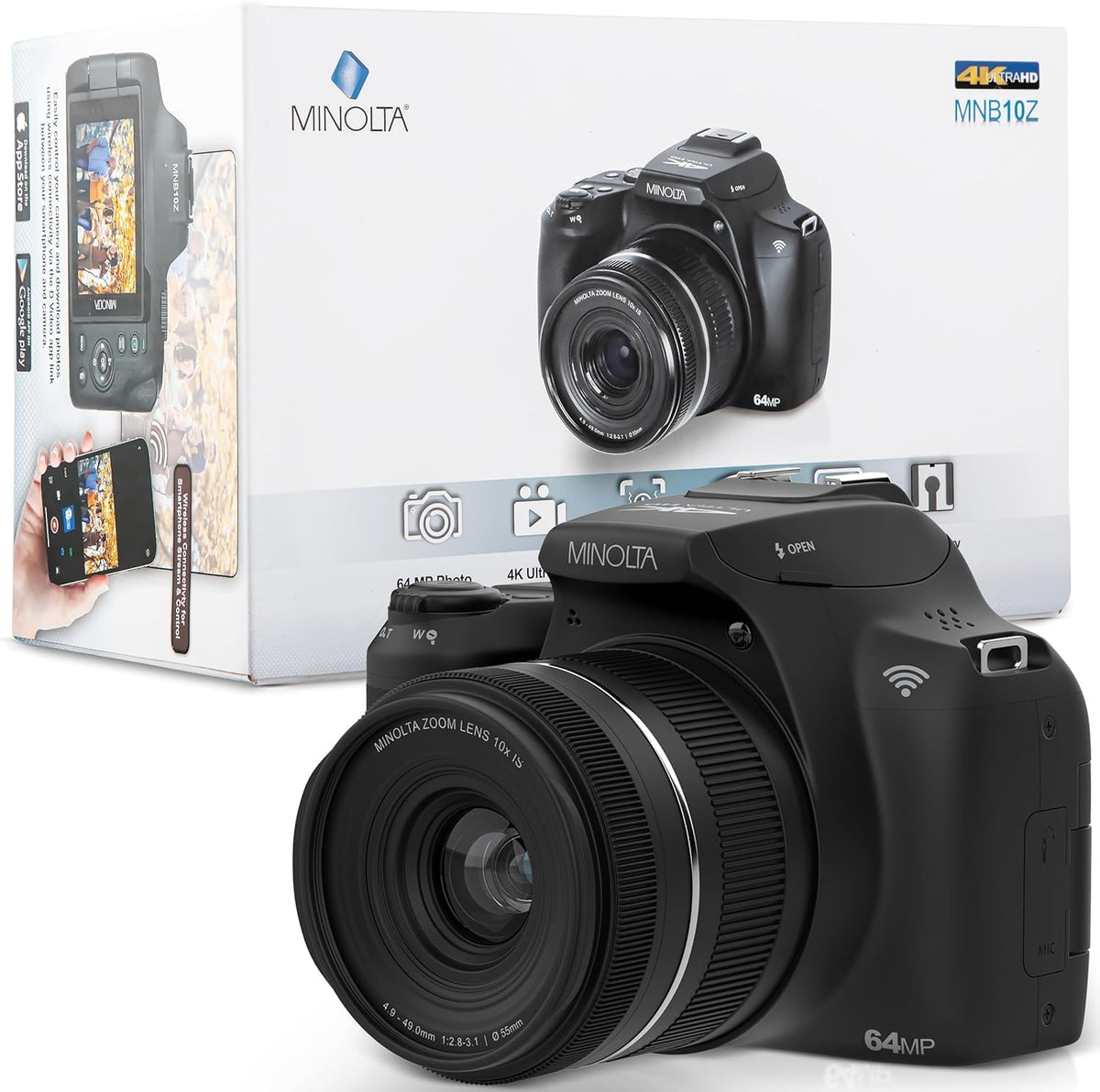 Minolta 64MP camera includes case, 32GB card, battery, and charger.