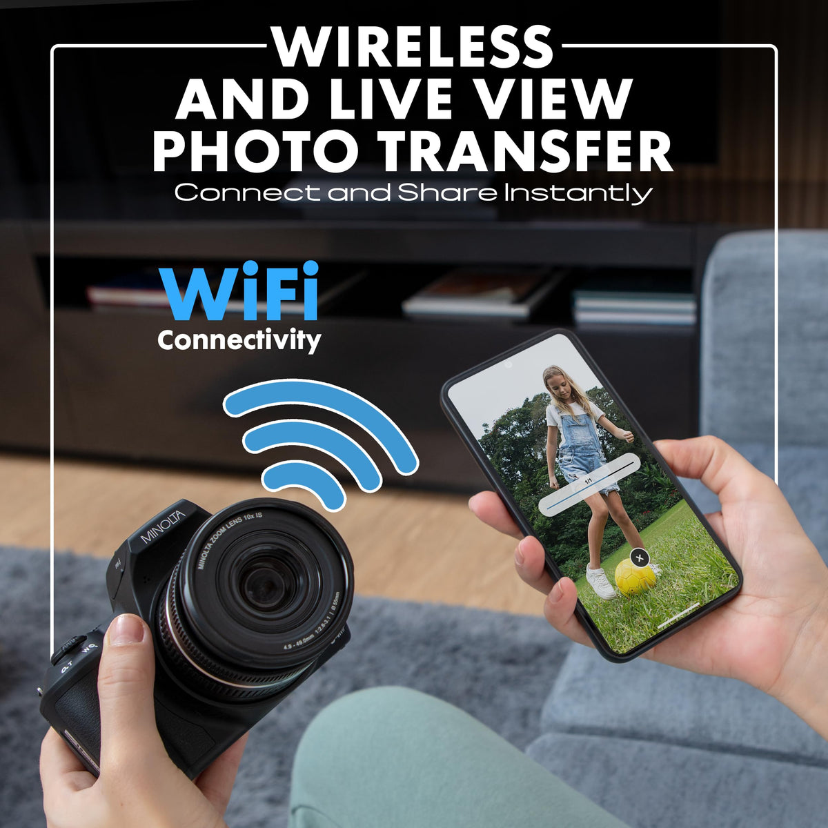 Minolta 64MP camera burst mode freezes fast action with clarity.