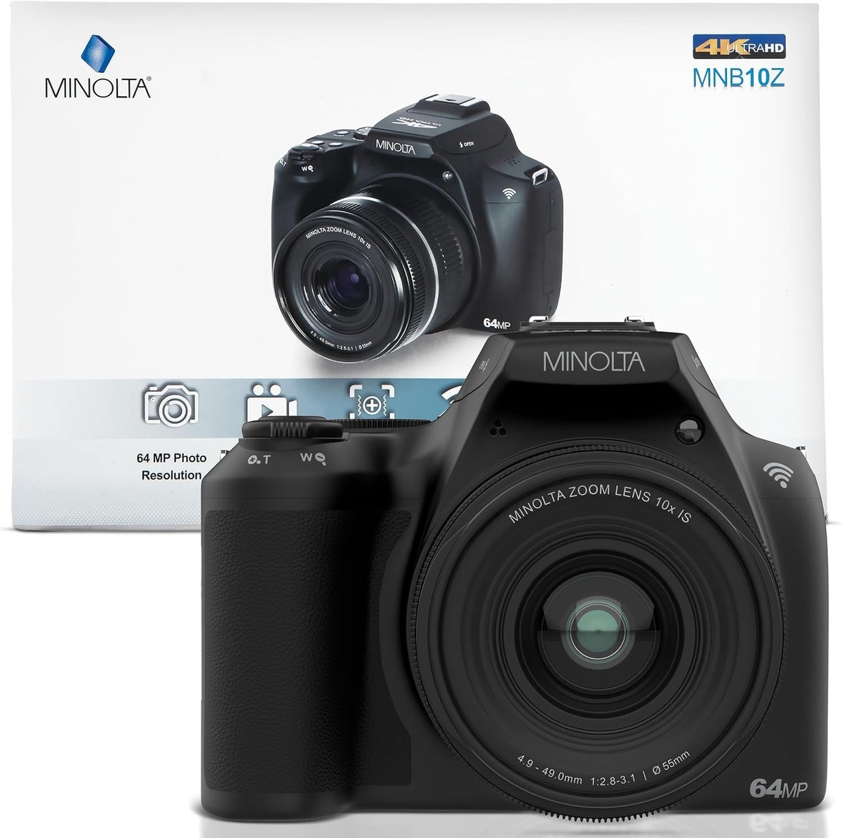 Minolta 64MP camera supports Wi-Fi transfer and remote control.