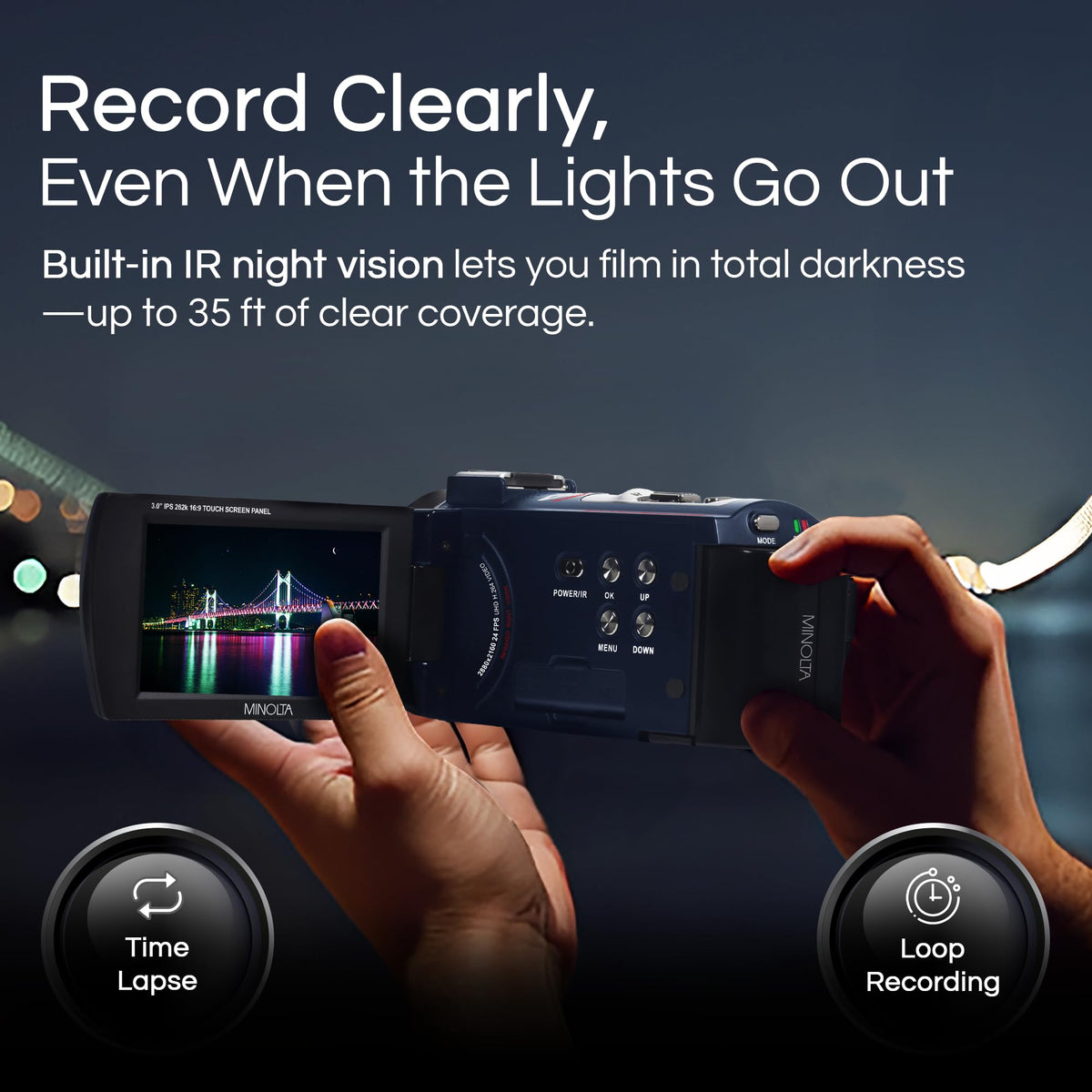Minolta camcorder 3-inch touchscreen simplifies framing, playback, and menu navigation.