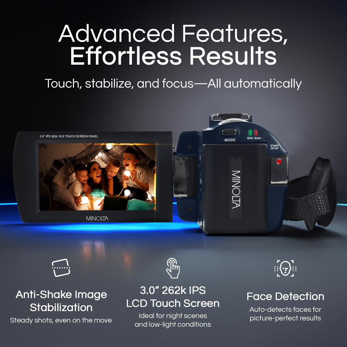 Minolta camcorder night vision with IR LEDs enables clear night recordings.