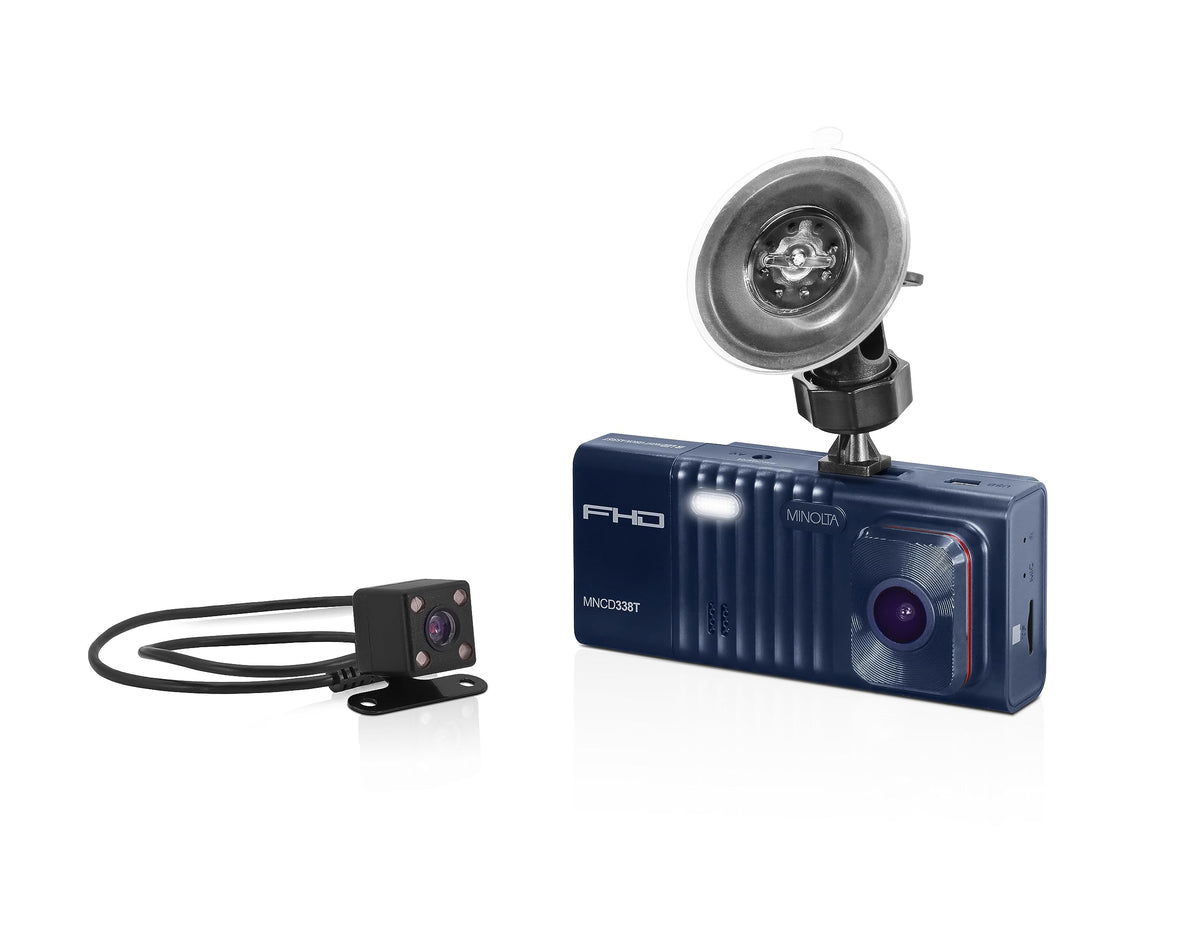 Minolta MNCD338T front view in 1080p for broad road coverage and safer drives.