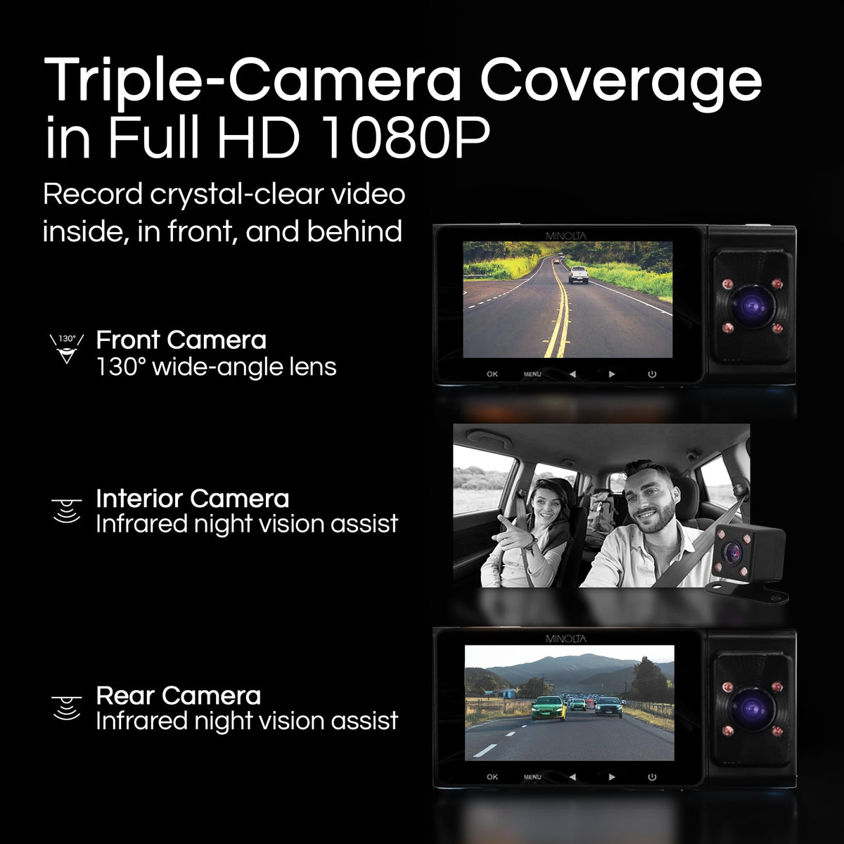 Minolta MNCD338T interior cabin view records clear footage inside the car, even at night.