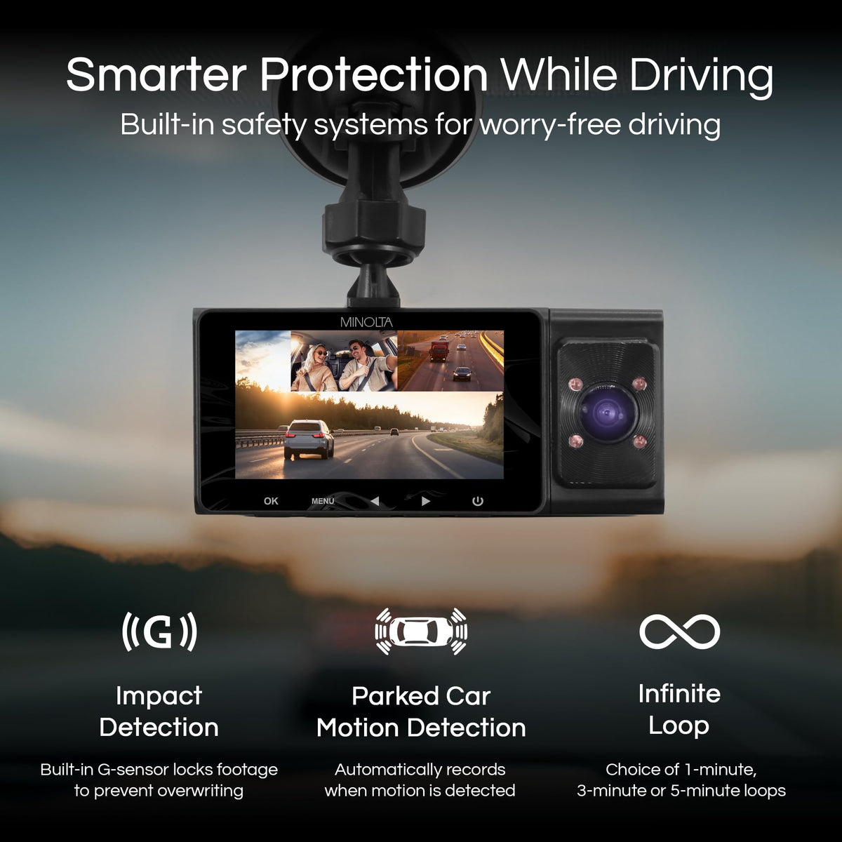 Minolta MNCD338T rear view captures traffic behind you for complete coverage.