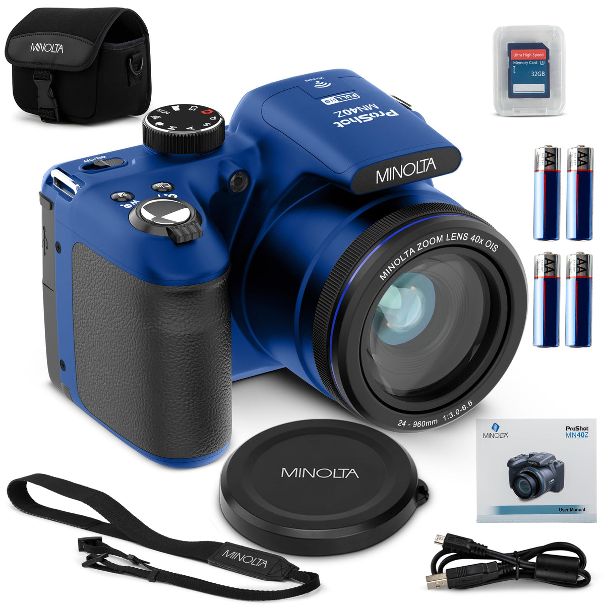 Minolta MN40Z front blue view, compact design ideal for travel and everyday shooting.