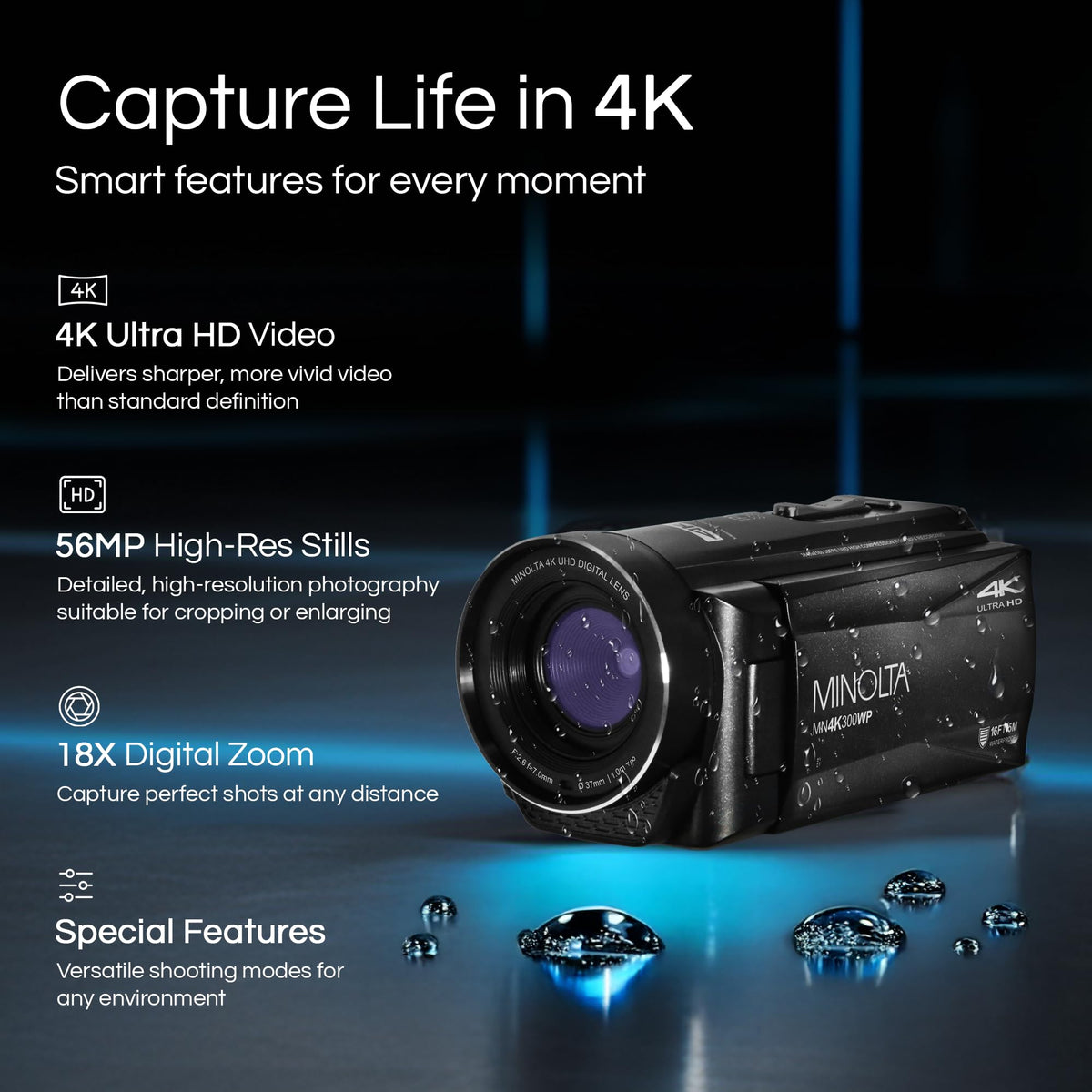 Minolta MN4K300WP 4K Ultra HD video delivering crisp travel memories.